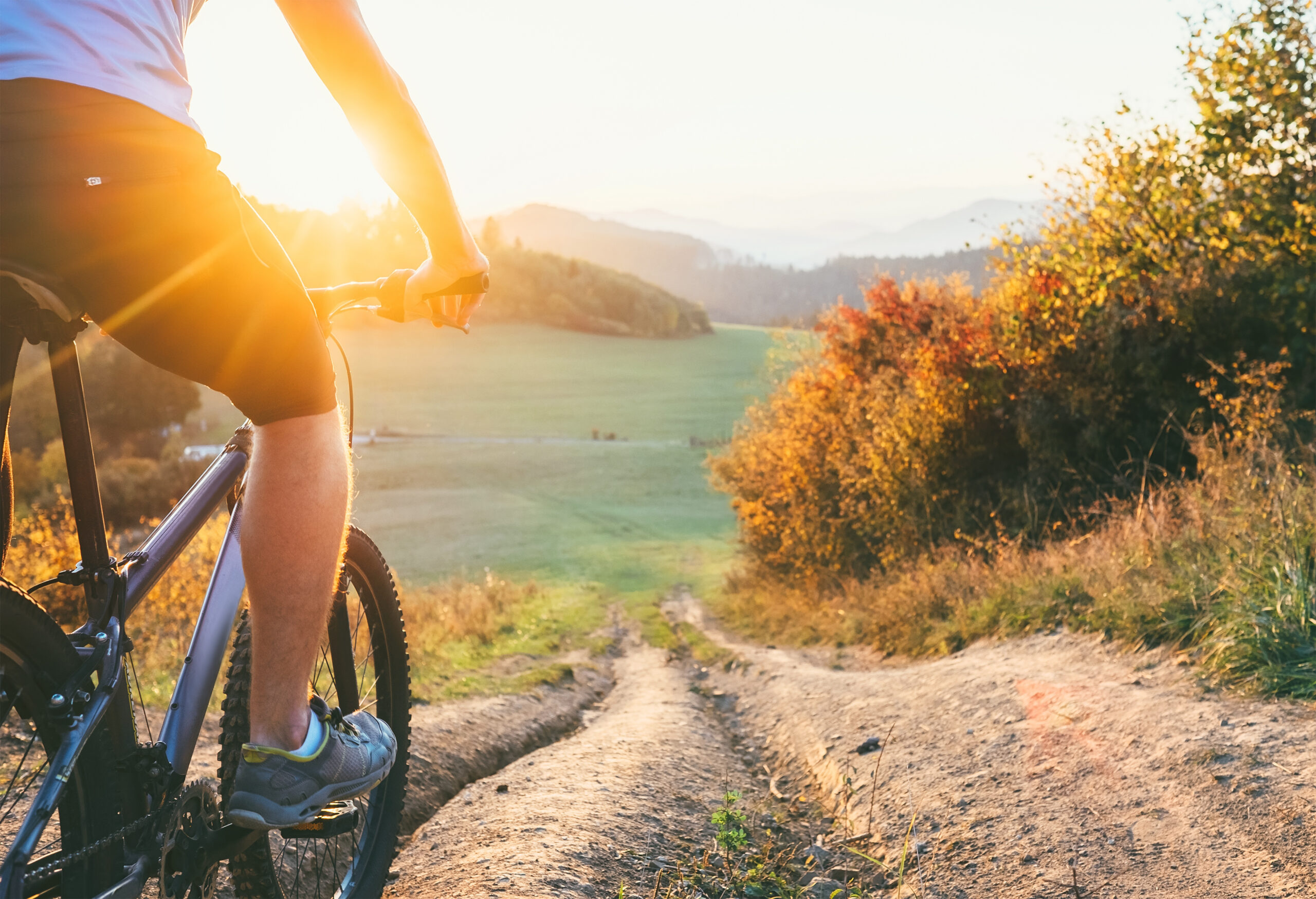 Mountain biker ride down from hill. Active and sport leisure co